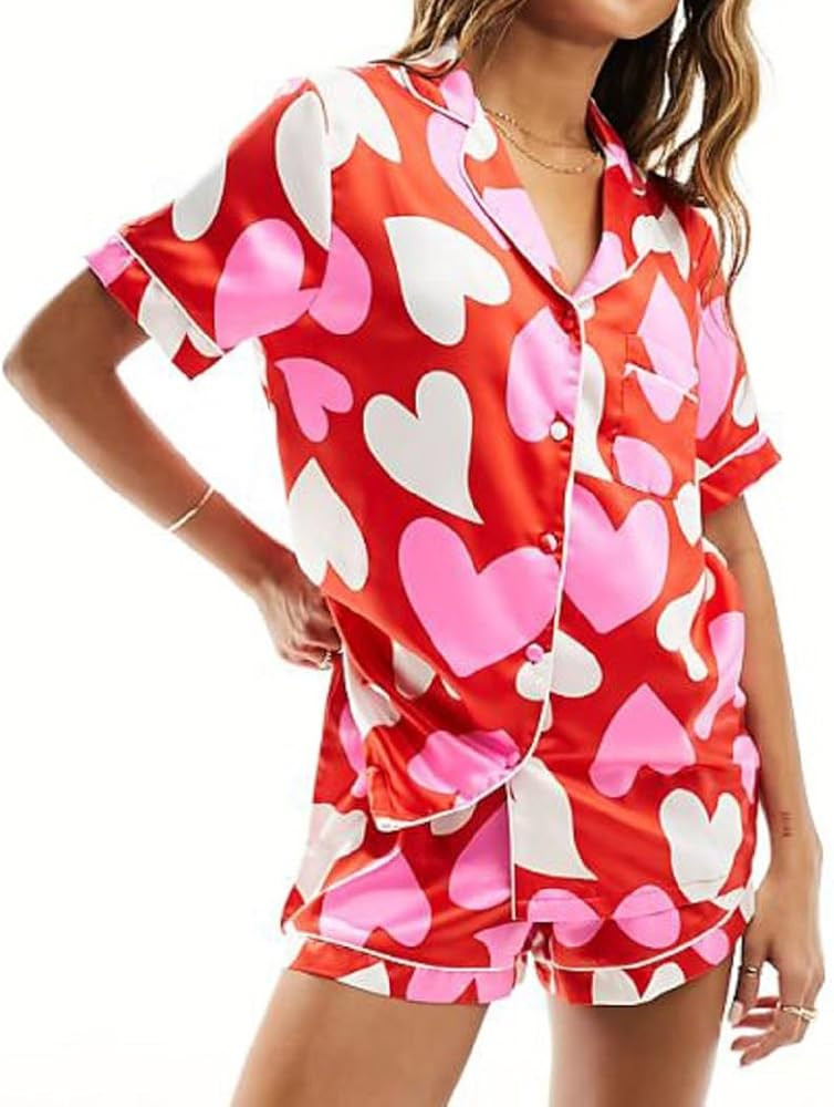 Juakoso Women Valentine's Day Pajamas Shorts Sets Short Sleeve Button Down Shirt Shorts PJS Satin... | Amazon (US)