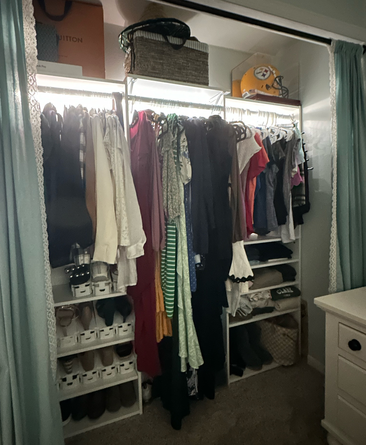Closet makeover on a budget! I used these bookshelves to upgrade my closet. For reference, my closet is 72” wide and 24.5” deep. I purchased 3 of the closet rods, 2 bookshelves, and one light strip was used. #closetorganization #closetmakeover #closet

#LTKhome