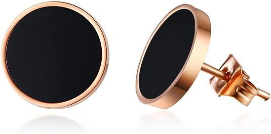 PJ Stainless Steel Two-tone Black Rose Gold Asymmetrical Circle Disc Stud Earrings for Women Girl... | Amazon (US)