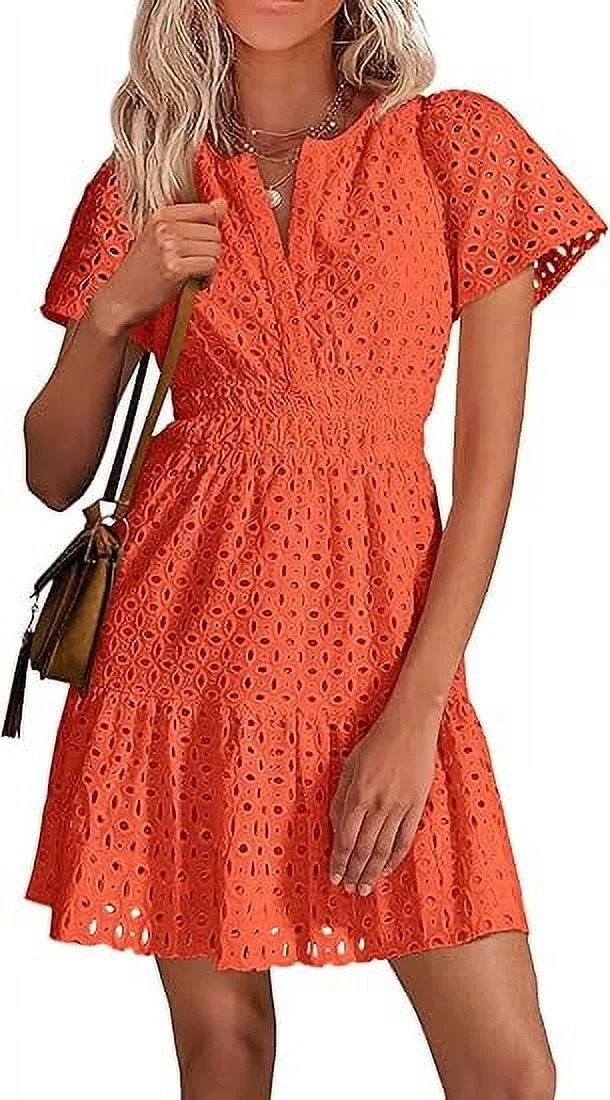 PRETTYGARDEN Womens Summer Short Dress V Neck Short Sleeve A Line Wear To Work Hollow Out Lace Ru... | Walmart (US)