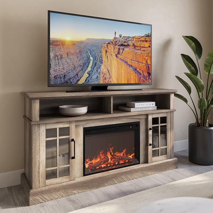 BELLEZE Traditional 58" Rustic TV Stand with 23" Electric Fireplace Heater with Sound, Media Ente... | Amazon (US)