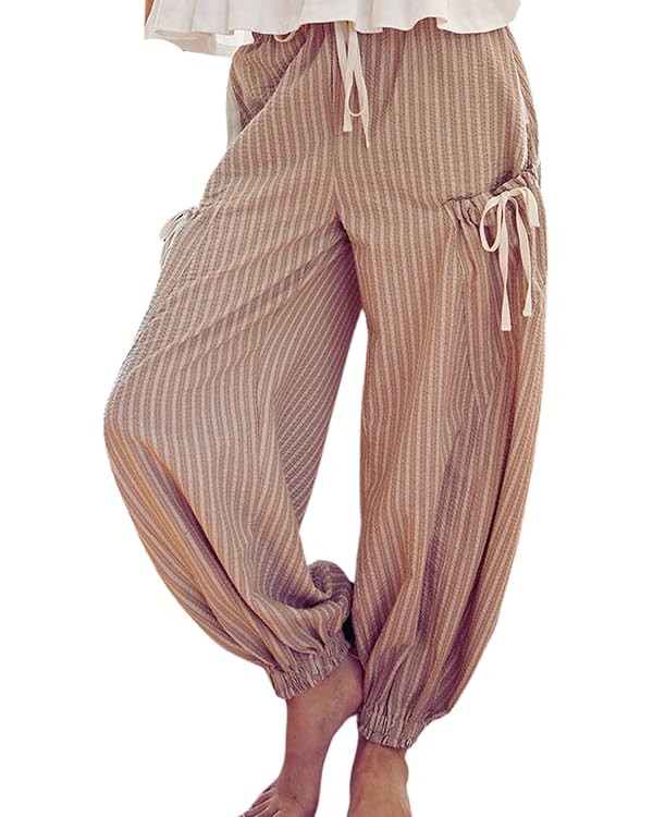 Women Drawstring Striped Pants Loose Wide Leg Casual Lounge Pants with Pockets | Amazon (US)