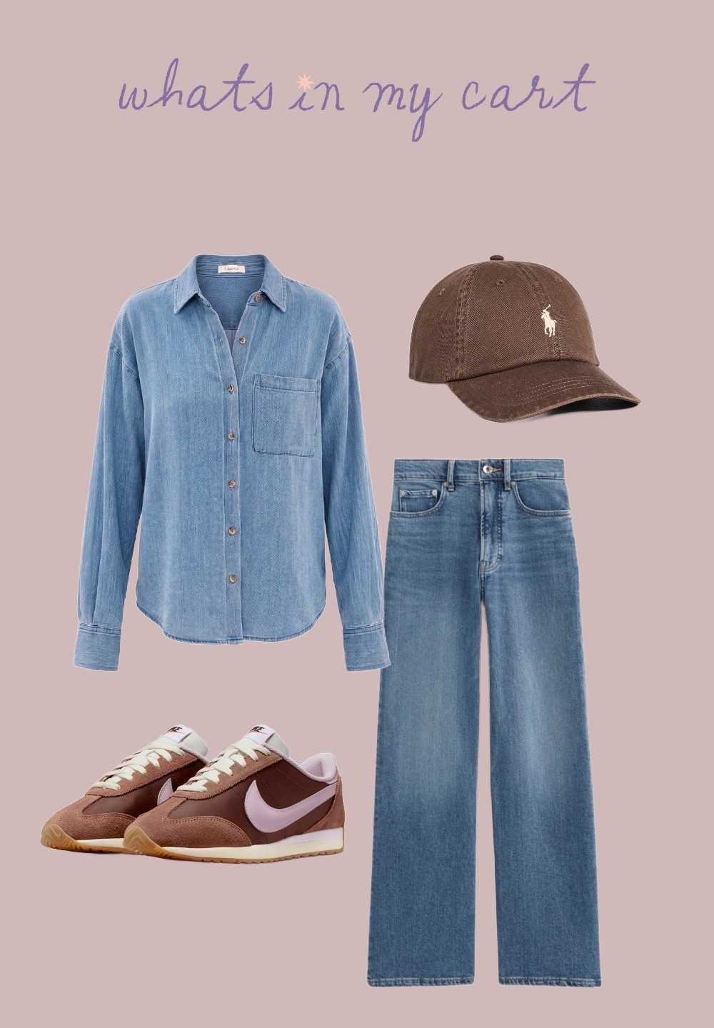 Brown hat 
Brown sneakers 
Wide leg jeans 
Denim shirt

#LTKgrwm #LTKmomlife #LTKootd