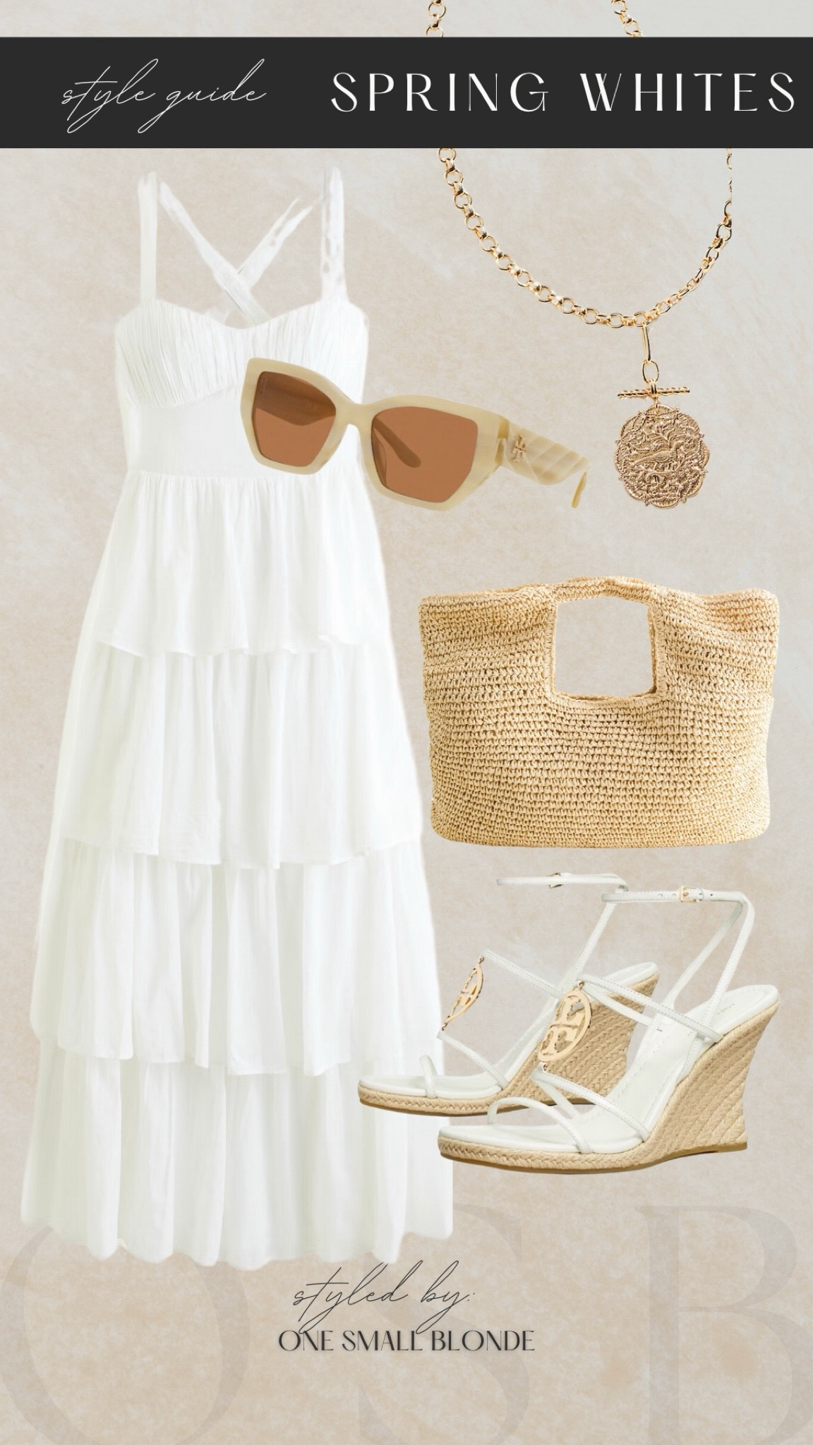 Spring style guide - spring whites 🤍 white maxi dress, raffia tote bag, Tory Burch sunglasses, gold necklace and Tory Burch wedge sandals 

#LTKstyletip #LTKSeasonal #LTKtravel
