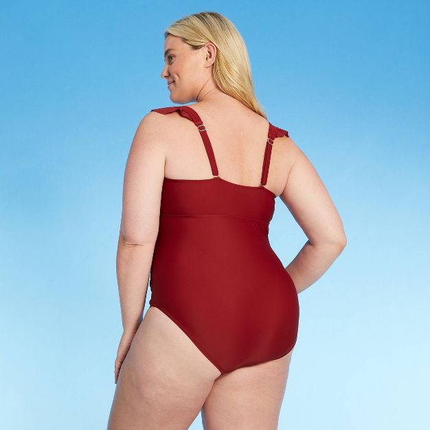 Women's Plus Size Cap Sleeve Plunge One Piece Swimsuit - Kona Sol™ Burgundy | Target