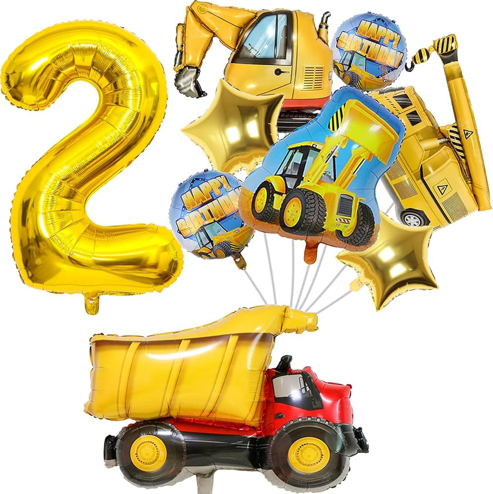 Construction Boys 2nd Birthday Balloons, 9Pcs Gold Number 2, Dump Truck, Crane, Excavator, Star M... | Amazon (US)