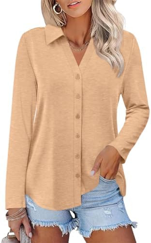 Womens Button Down Shirts V Neck Polo Collared Long Sleeve Flowy Tunic Top | Loose Fit, Dressy Ca... | Amazon (US)