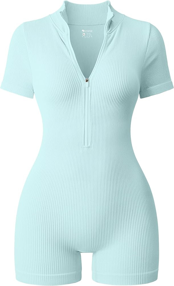 OQQ Women Rompers Ribbed Short Sleeve Zip Front Stretch Tummy Control Yoga Workout Rompers | Amazon (US)