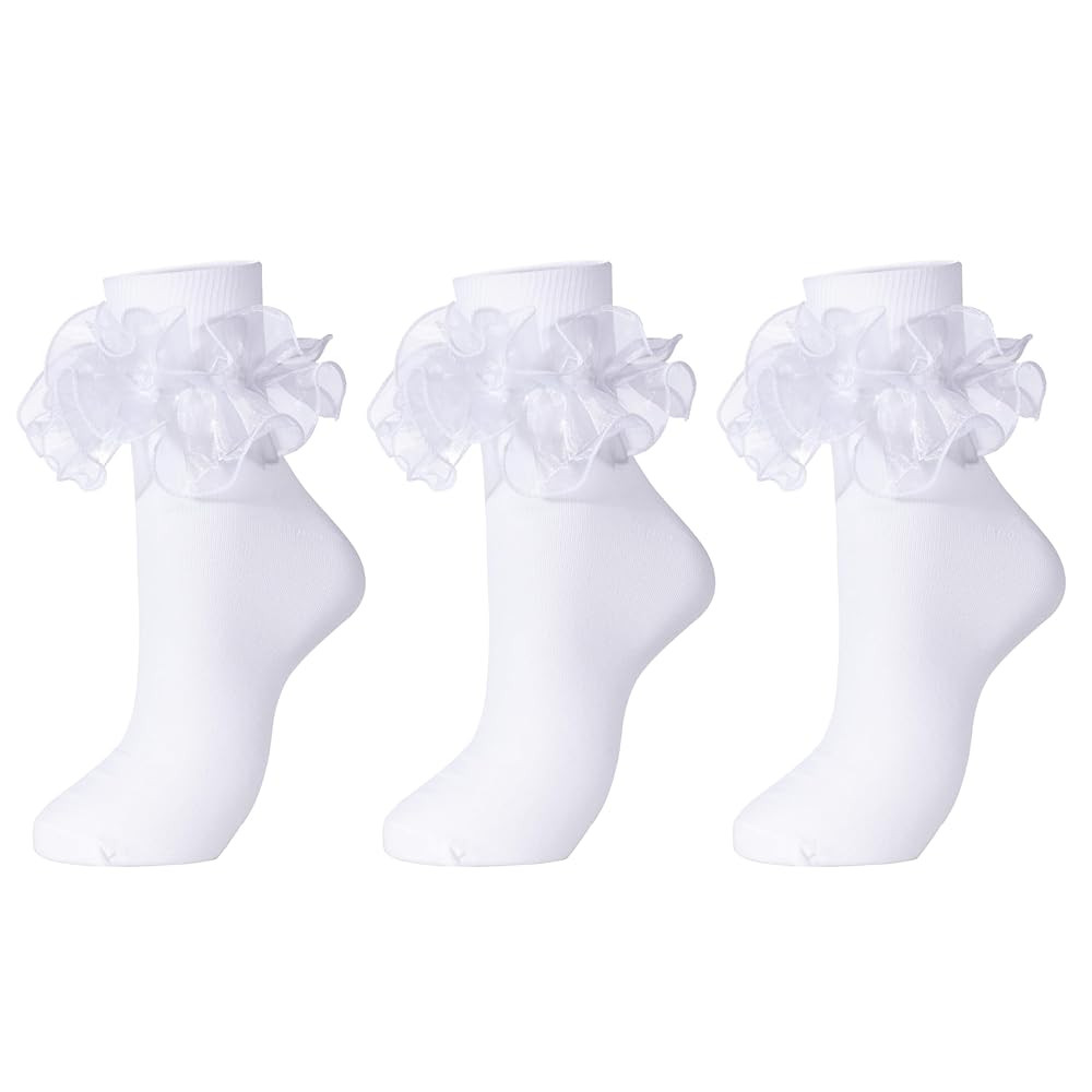 Dicry Women Big Ruffle Socks Double Lace Turn Cuff (Size 9-11, 3 Pairs) | Amazon (US)
