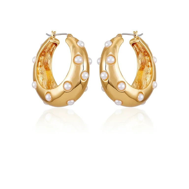 Time and Tru Women's Goldtone Wide Pearl Station Hoops | Walmart (US)