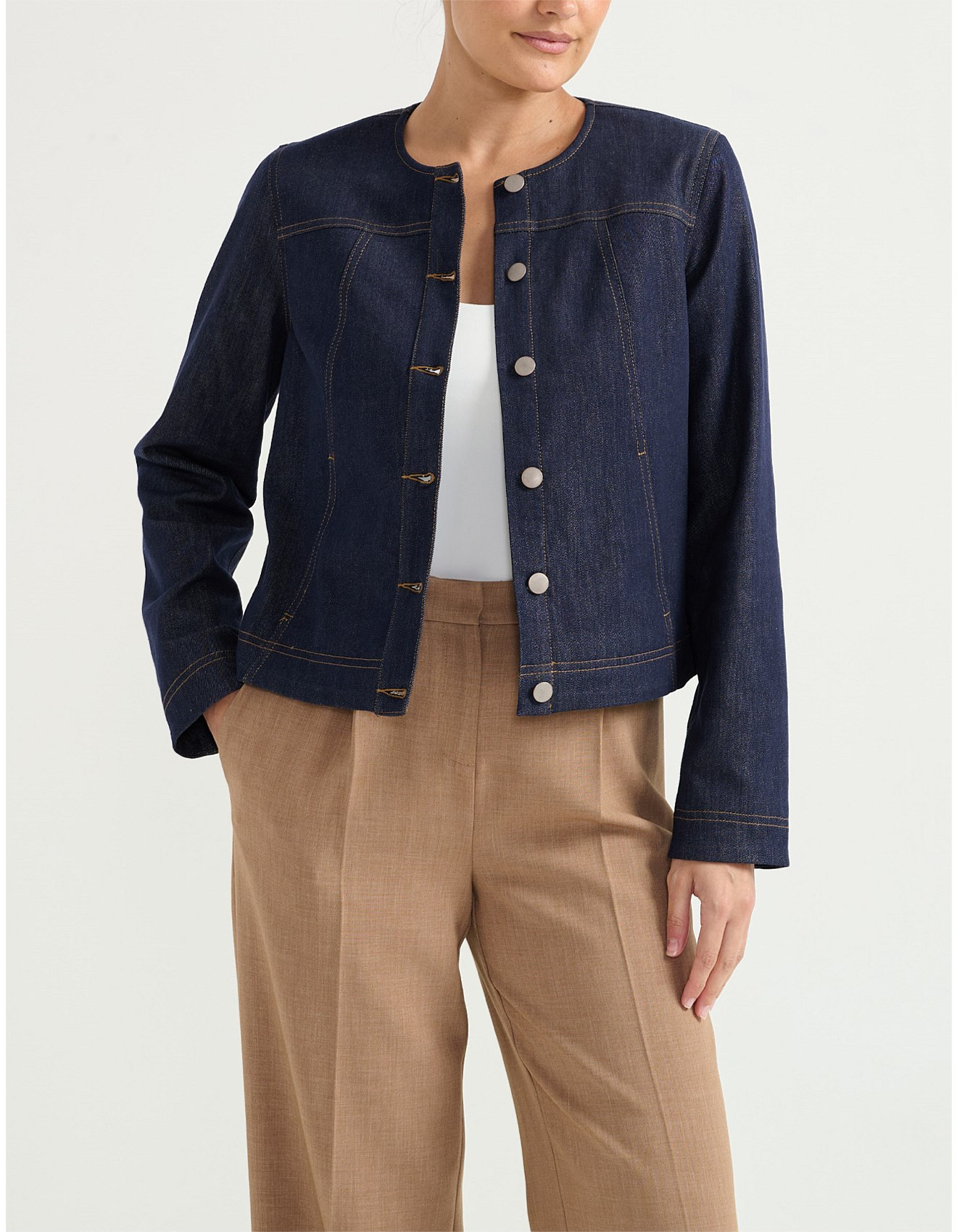 COLLARLESS DENIM JACKET | David Jones (Australia & New Zealand)