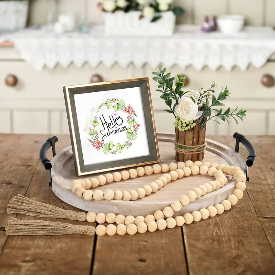 Round Wood Tray/w Wood Bead Garland - 13" Decorative Trays for Home Decor - Round Wooden Tray wit... | Amazon (US)