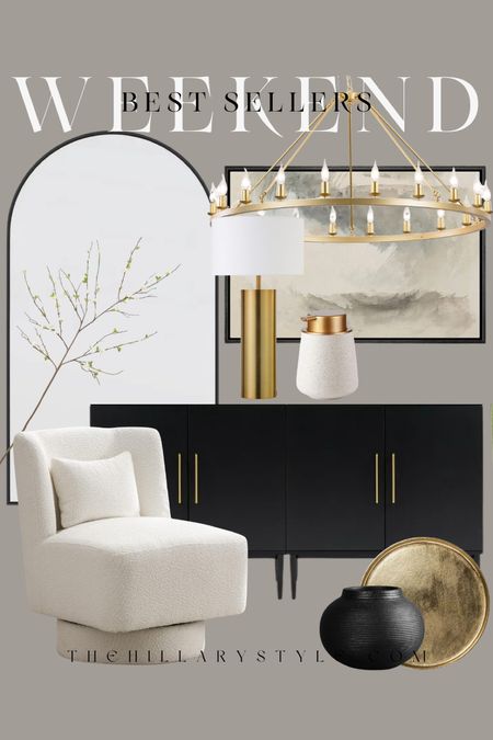 Weekend Best Sellers Home: Furniture and Modern Decor from Wayfair, Walmart, Target, Amazon, Pottery Barn. Arc floor mirror, gold chandelier, wall art, gold lamp, soap container, sideboard cabinet, accent chair, gold tray, black vase.

#LTKSeasonal #LTKstyletip #LTKhome