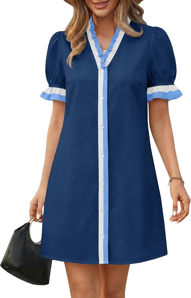 Wenrine Womens Summer Mini Dresses Casual Floral Puff Short Sleeve V Neck Button Down Ruffle Beac... | Amazon (US)