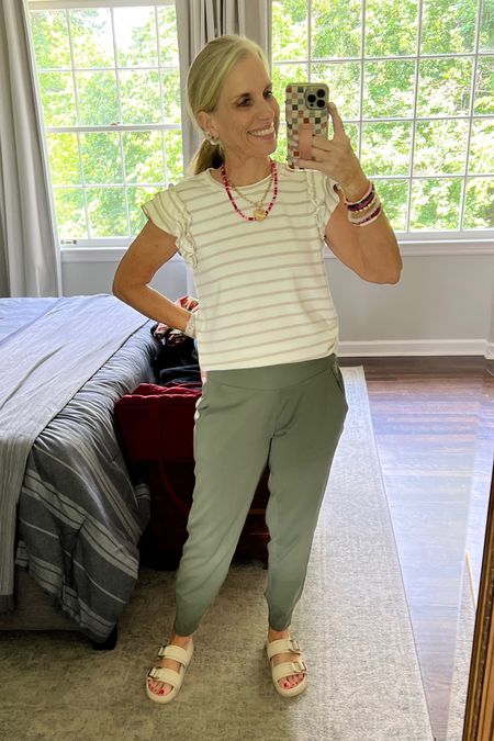 The perfect recovery outfit. These joggers from Athleta have a nice wide waist band and smart very comfy (wearing small)
The new striped tee is Gibsonlook and you can use LISA10 at checkout. I’m wearing XS

The shoes are so good. They’re cute, trendy and comfortable. I wear them for fashion and as a “house shoe” 

#LTKOver40 #LTKFindsUnder100 #LTKStyleTip