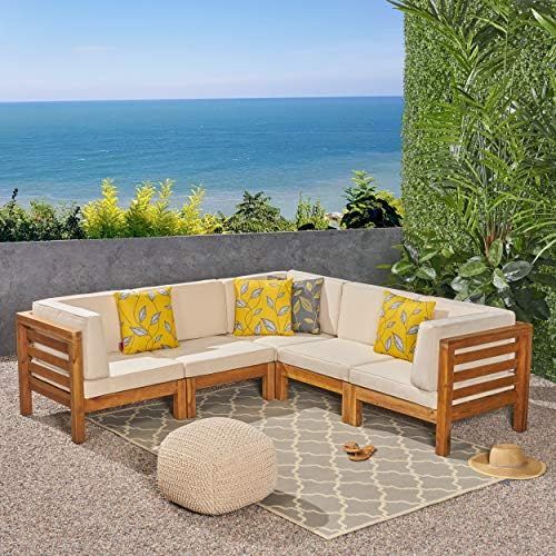 Great Deal Furniture Dawson Outdoor V-Shaped Sectional Sofa Set - 5-Seater - Acacia Wood - Outdoor C | Amazon (US)