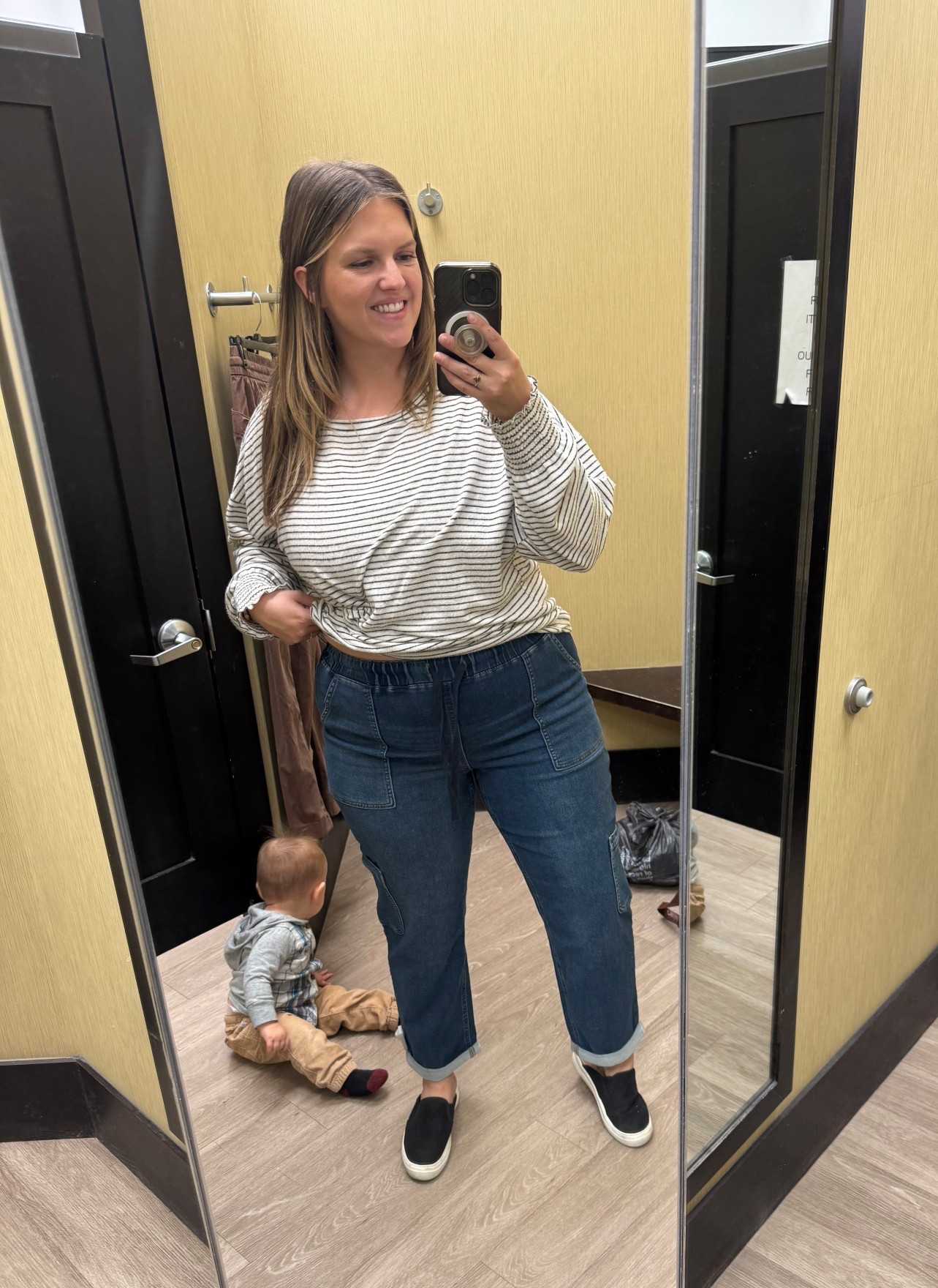 Quite literally the most comfortable pants ive ever put on. The denim ones came home with me! In-store capsule staples — jeans, neutral tops, jackets + everyday layers that mix and match. Linking all pieces with fit notes. 

 #LTKootd #LTKMidsize #LTKWorkwear