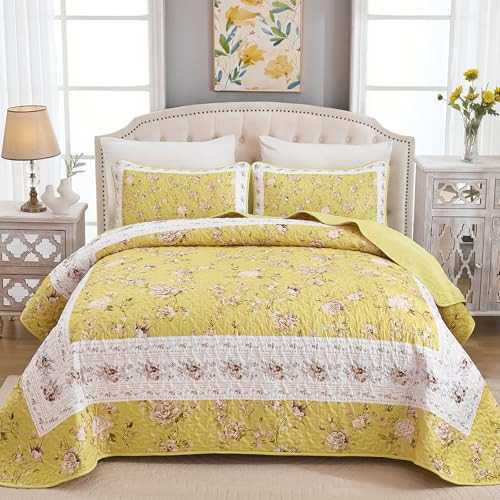 Xruibed Floral Quilt Set King Size, 3PCs Antique Rose Yellow Quilt Coverlet Set, Lightweight Soft Microfiber Yellow Bedspread with 2 Pillowcases for All Season (King Size 110"x90") | Amazon (US)