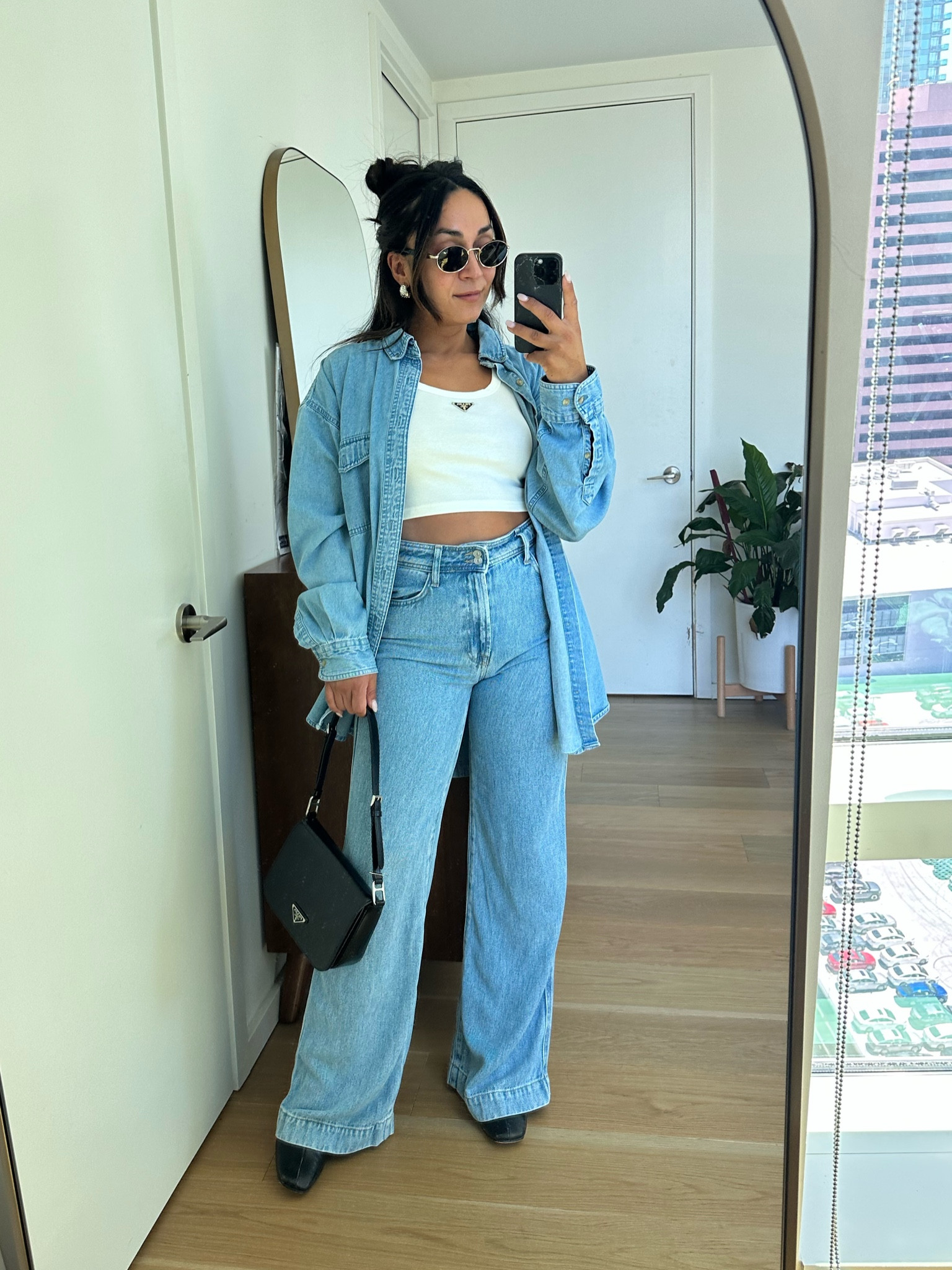 Fall Tranistional outfit:  denim on denim with a Prada twist 