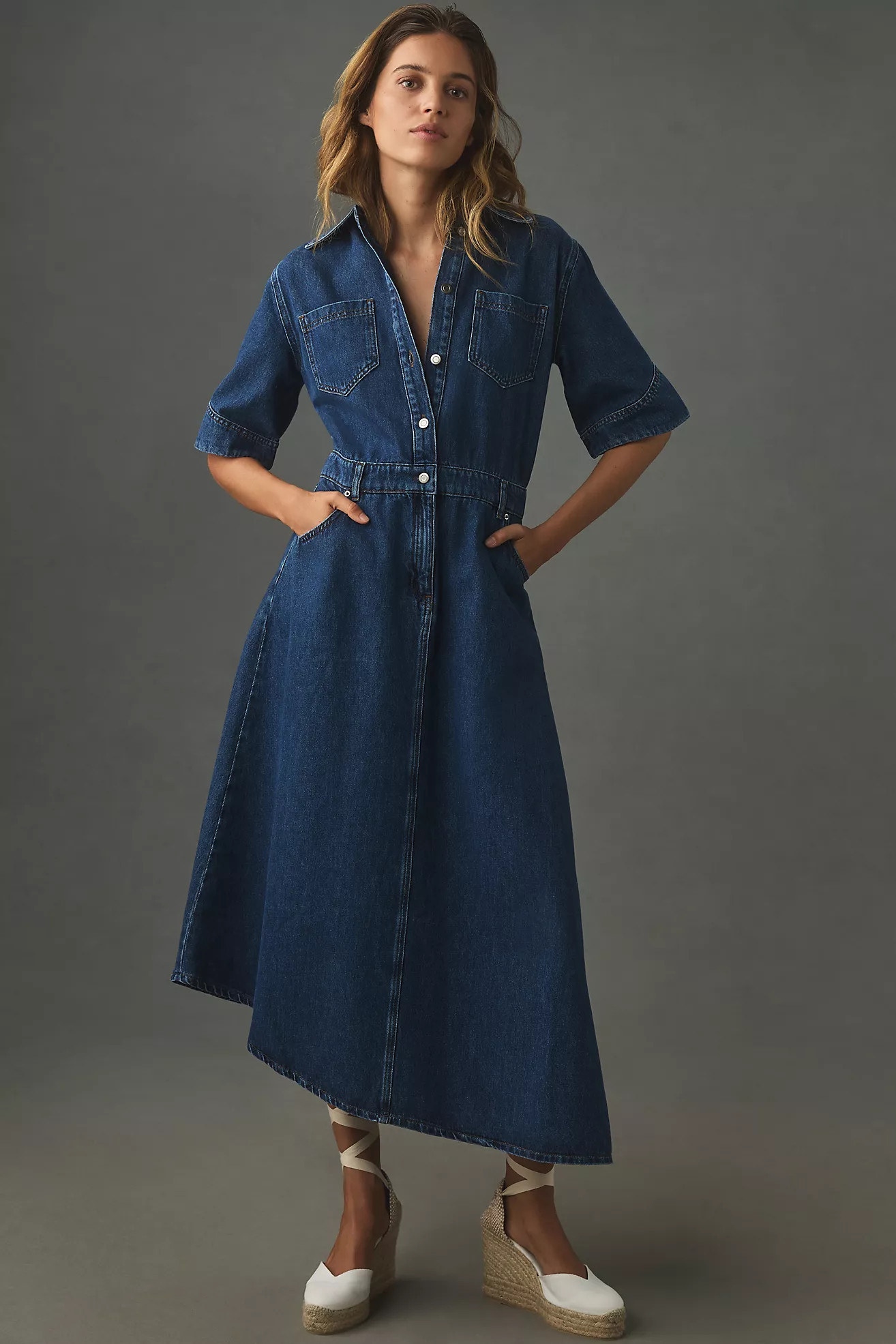 ALIGNE Mateo Short-Sleeve Asymmetric Denim Midi Shirt Dress | Anthropologie (US)