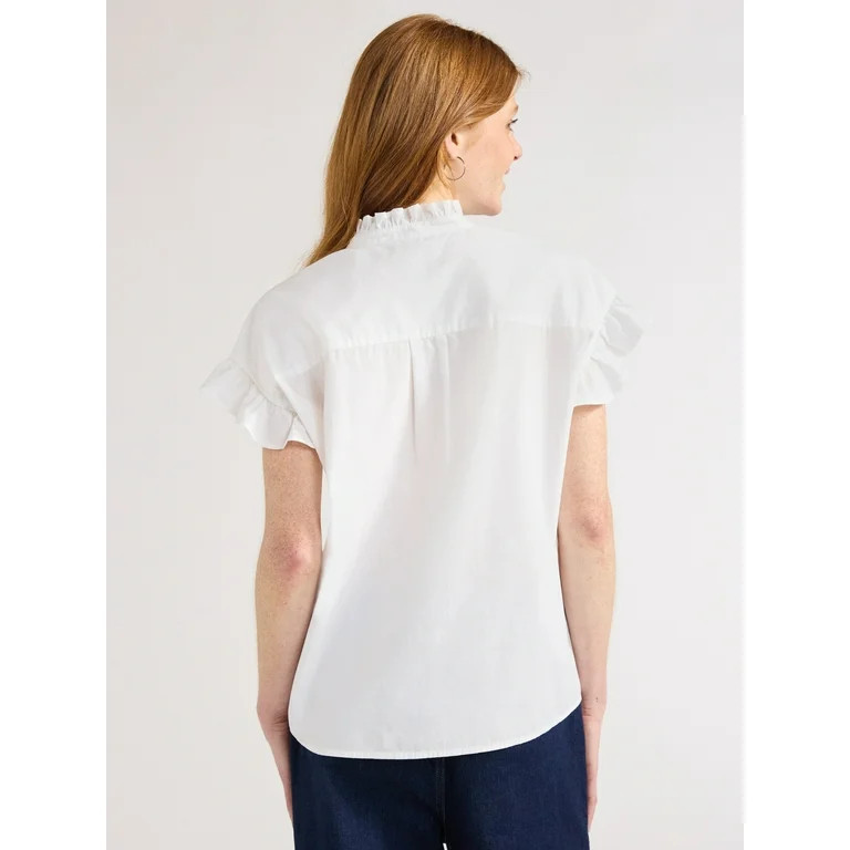 Free Assembly Women's Ruffle Trim Cotton Shirt with Short Sleeves, Sizes XS-XXL | Walmart (US)