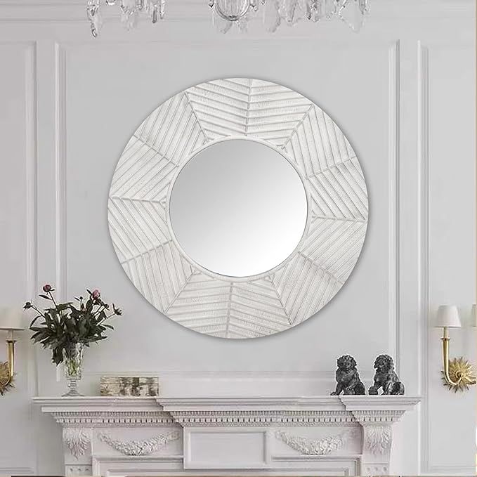 CreativeWise 27.5 Inch Round Wood Wall Mirror - Farmhouse Wall Mirror for Bathroom, Entry, Living... | Amazon (US)