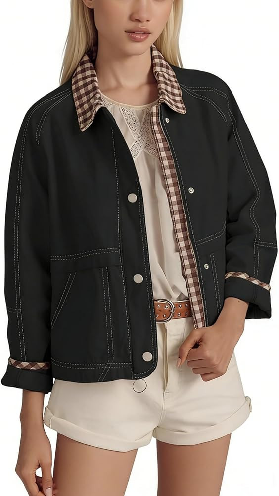 Aimiray Women's Barn Cropped Jacket Windproof Casual Plaid Bomber Jacket Spring Cotton Coats with... | Amazon (US)