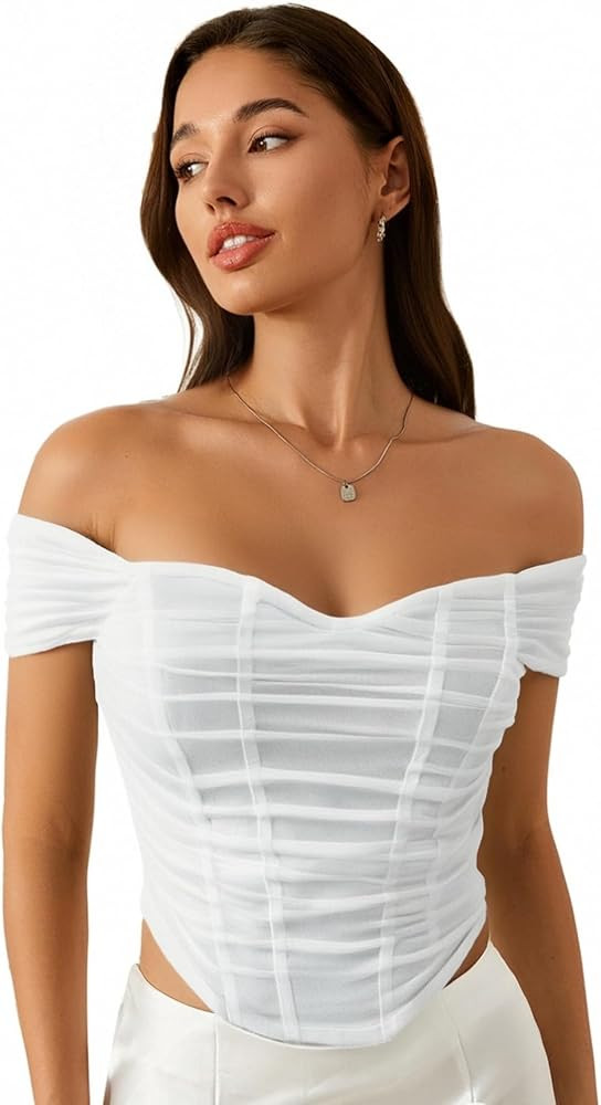 Floerns Women's Off Shoulder Short Sleeve Asymmetrical Hem Ruched Corset Crop Top | Amazon (US)