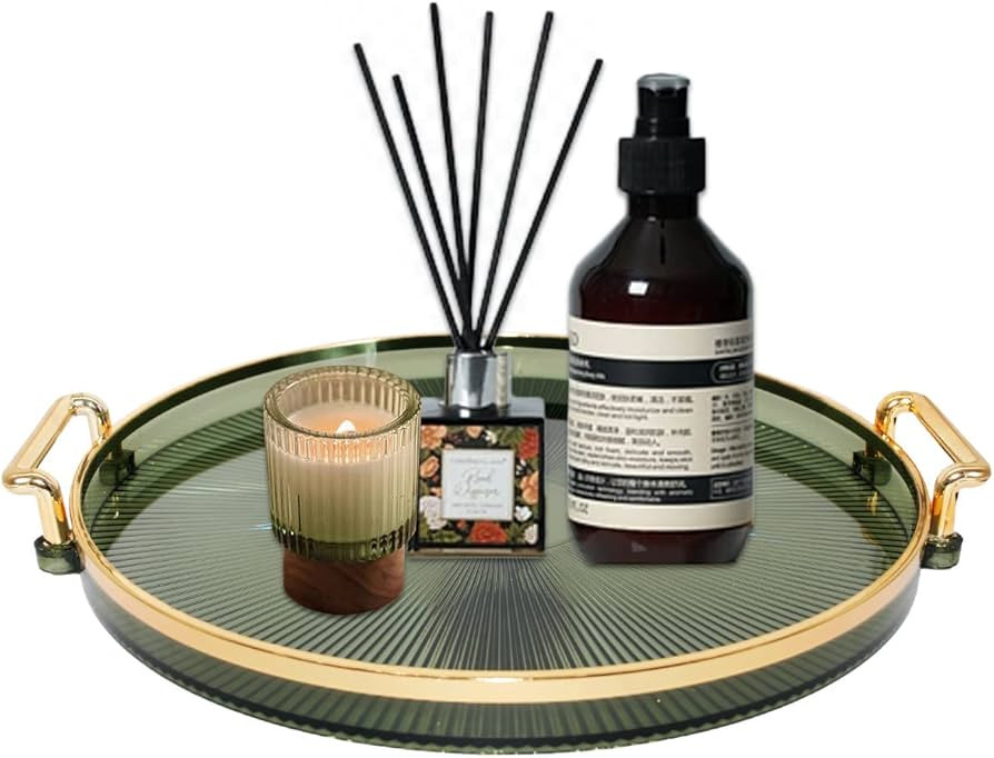 Modern Round Tray,Plastic Decorative Tray with Gold Handles,11.61" Serving Tray,Cosmetic Makeup V... | Amazon (US)