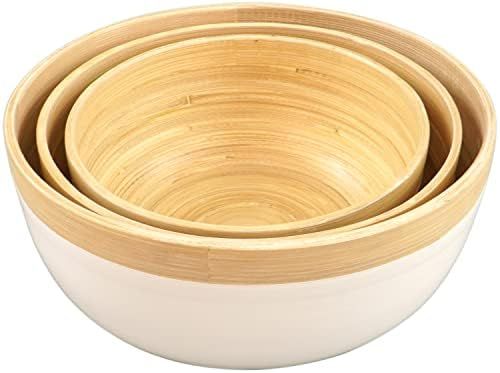 AMACRAFTS Bamboo Serving Bowl Set Of 3 Round Bamboo Wood Salad Bowls For Mixing Salads Fruits Sto... | Amazon (US)