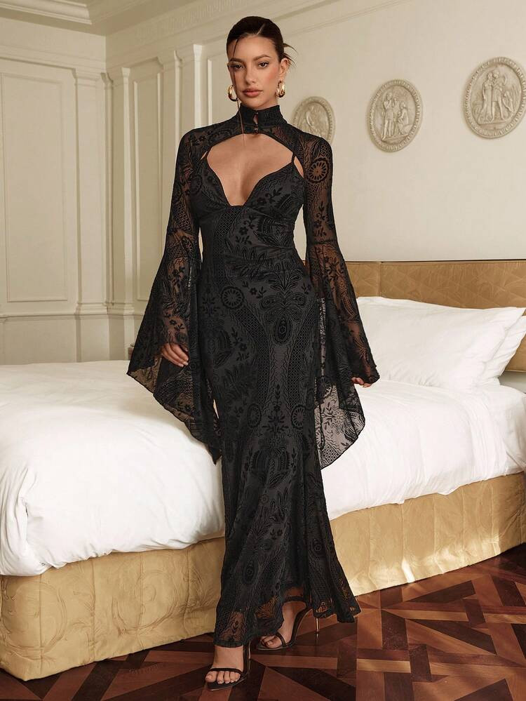 Aloruh Vestido Elegante De Mujer Con Mangas De Campana Y Tela Con Estampado Floreado En Negro | SHEIN