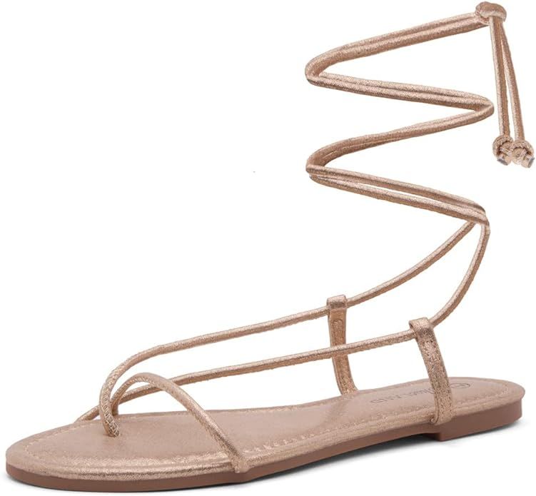 Shoe Land SL-Auday Women's Lace Up Flat Sandals Open Toe Wrap Ankle Strap Shoes | Amazon (US)