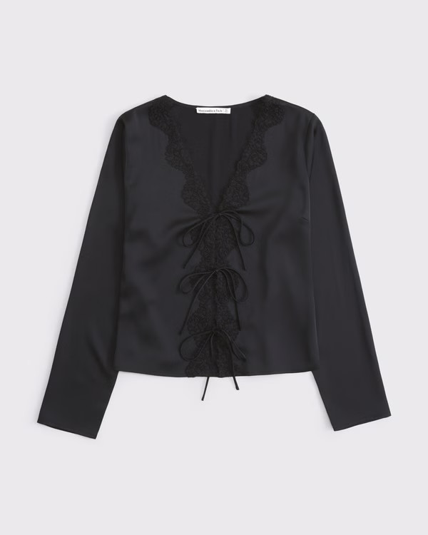 Long-Sleeve Lace-Trim Tie-Front Top | Abercrombie & Fitch (US)