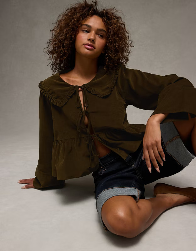 AE Long Sleeve Tie-Front Blouse | American Eagle Outfitters (US & CA)
