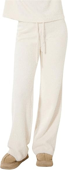 Women's Drawstring Waist Wide Leg Fuzzy Pants Casual Lounge Sweatpants with Pockets | Amazon (US)