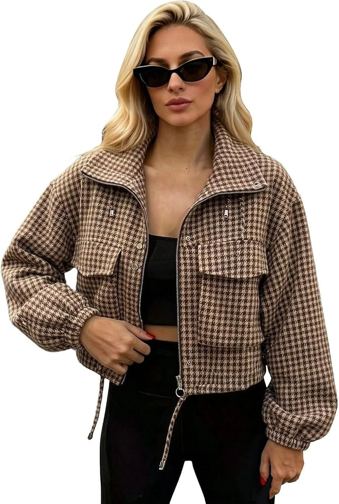 Women's Plaid Jacket Casual Long Sleeve Checked bomber Jackets Stand Collar Zip Up Vintage Jacket... | Amazon (UK)