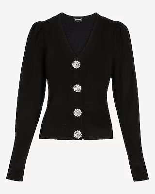 Jewel Embellished Button Puff Sleeve Cardigan | Express