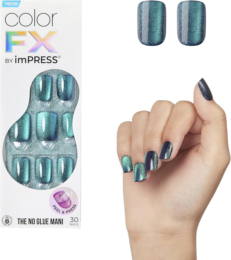 KISS imPRESS No Glue Mani Press-On Nails, Color FX, 'Better Things', Dark Green, Short Size, Squo... | Amazon (US)