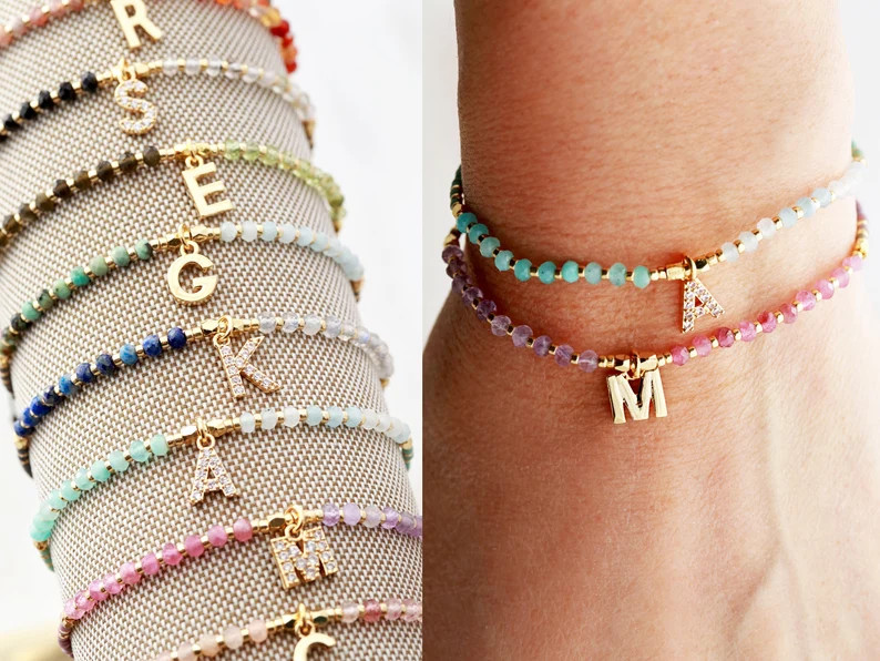 Initial Bracelet \u2022 Personalized Gift for Her \u2022 Initial Letter Charm Bracelet \u2022 Bea... | Etsy (Global)