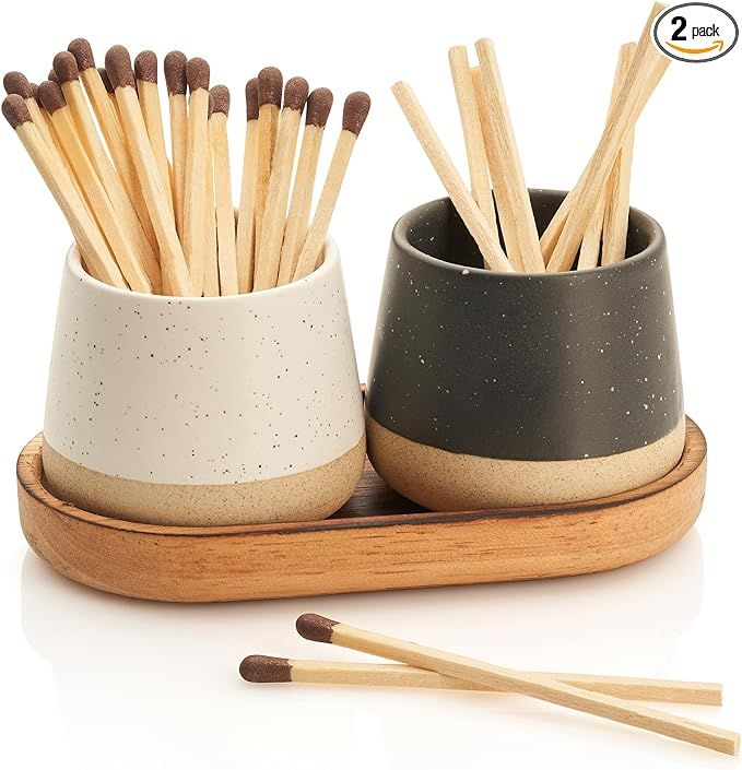 KIBAGA Decorative Ceramic Match Holder With Wooden Tray - Set of 2 Beautiful Matte Holders with S... | Amazon (US)