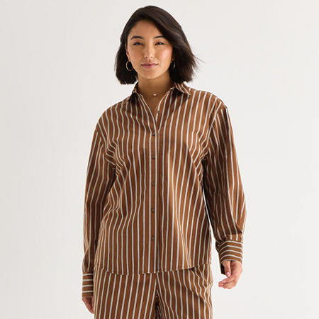 a.n.a Womens Cuffed Long Sleeve Oversized Button-Down Shirt, Small, Brown | JCPenney