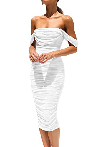 PRETTYGARDEN Wedding Guest Dress 2025 Summer Off Shoulder Ruched Elegant Sexy Bodycon Homecoming Cocktail Party Midi Dress (White,Large) | Amazon (US)