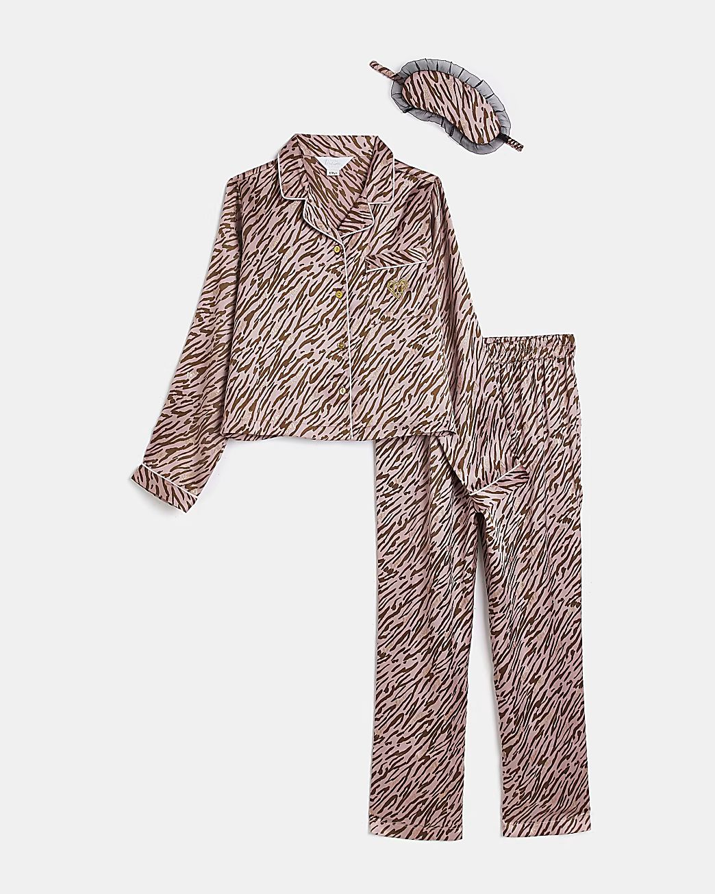 Girls Brown Zebra Print Satin Pyjama Set | River Island (UK & IE)