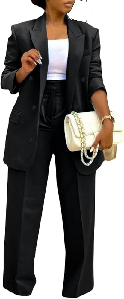 LROSEY 2 Piece Outfits for Women Dressy Double Breasted Blazer Jackets High Waisted Wide Leg Pant... | Amazon (US)