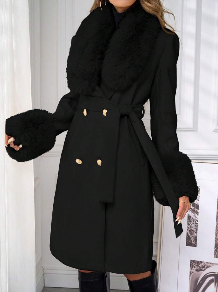 Over the knee fur trimmed coat  | SHEIN