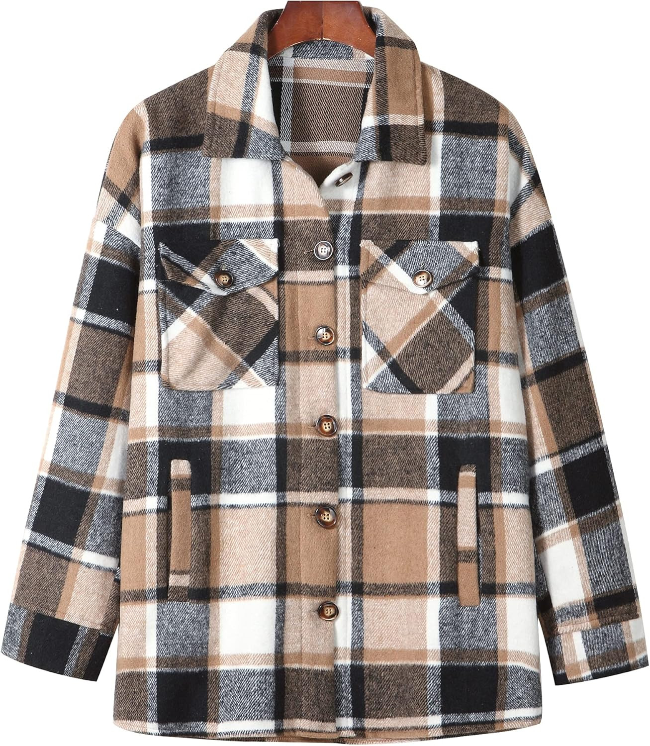 Hixiaohe Women's Casual Wool Blend Plaid Shirt Jacket Loose Button Down Shacket Coat | Amazon (US)