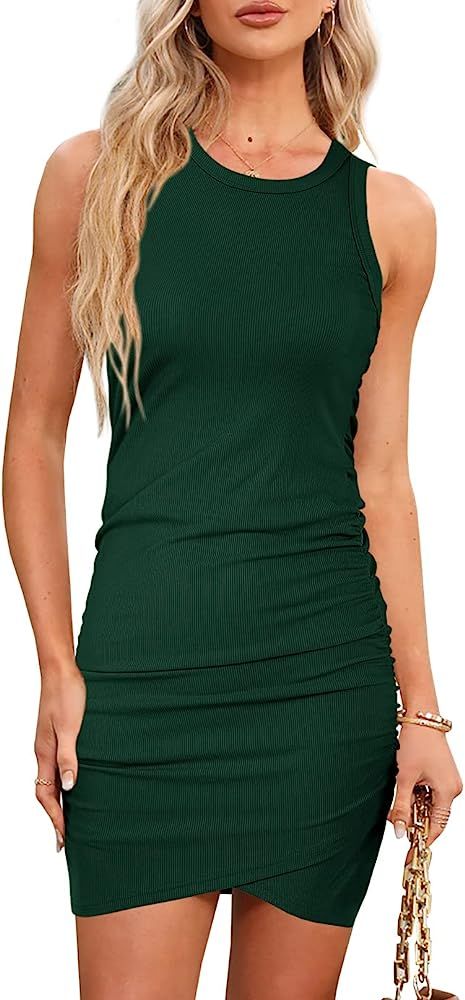 Wenrine Women Casual Crew Neck Ruched Bodycon Dress Sleeveless Wrap Front Ribbed Knit Party Club ... | Amazon (US)