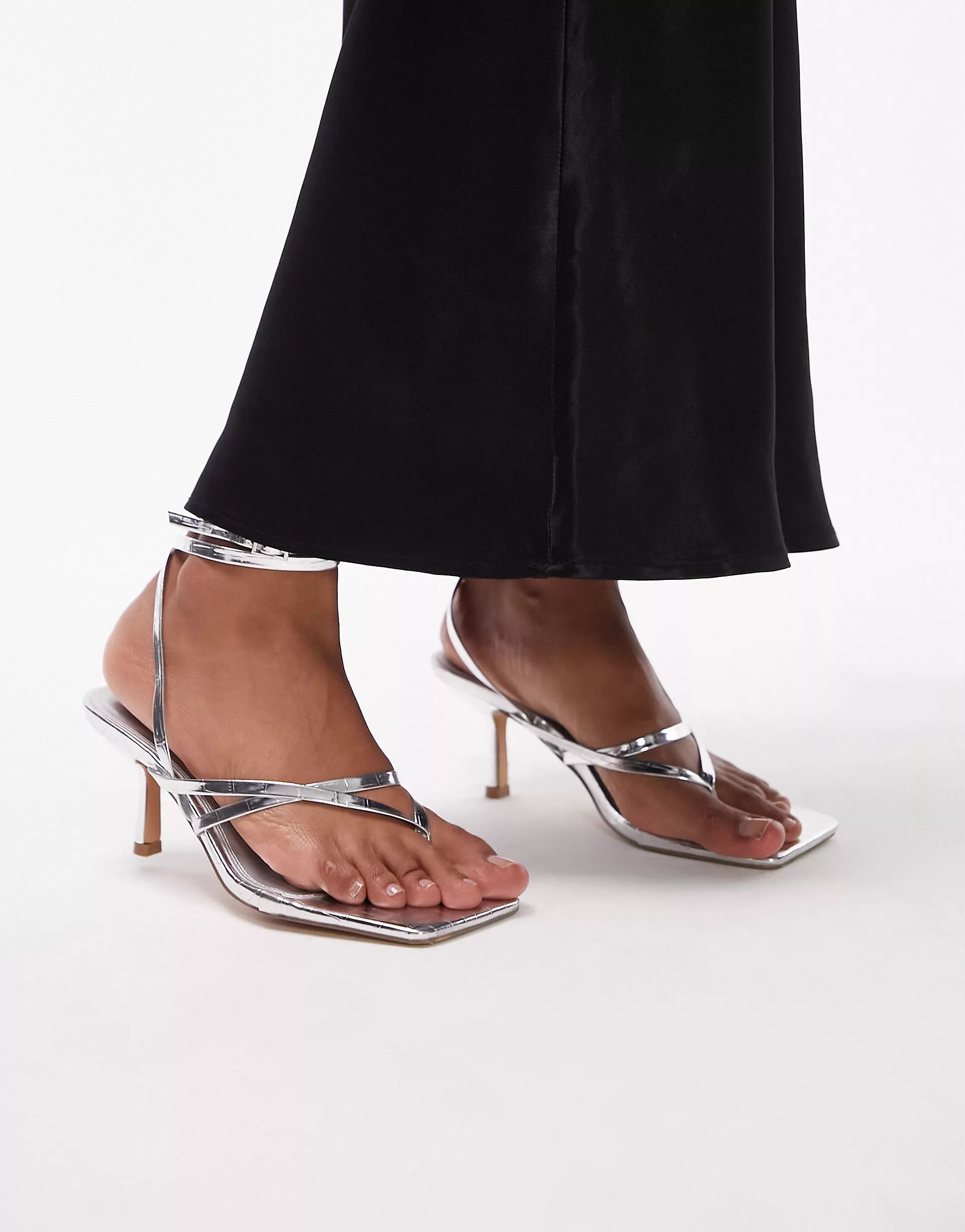 Topshop Wide Fit Nancy strappy toe post mid heeled sandal in silver croc | ASOS (Global)