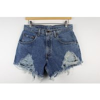 Upcycled Vintage 90S Vibe Denim Shorts - High-Waisted Frayed Cutoffs, Distressed Tattered Hem, 29"" Waist | Etsy (US)