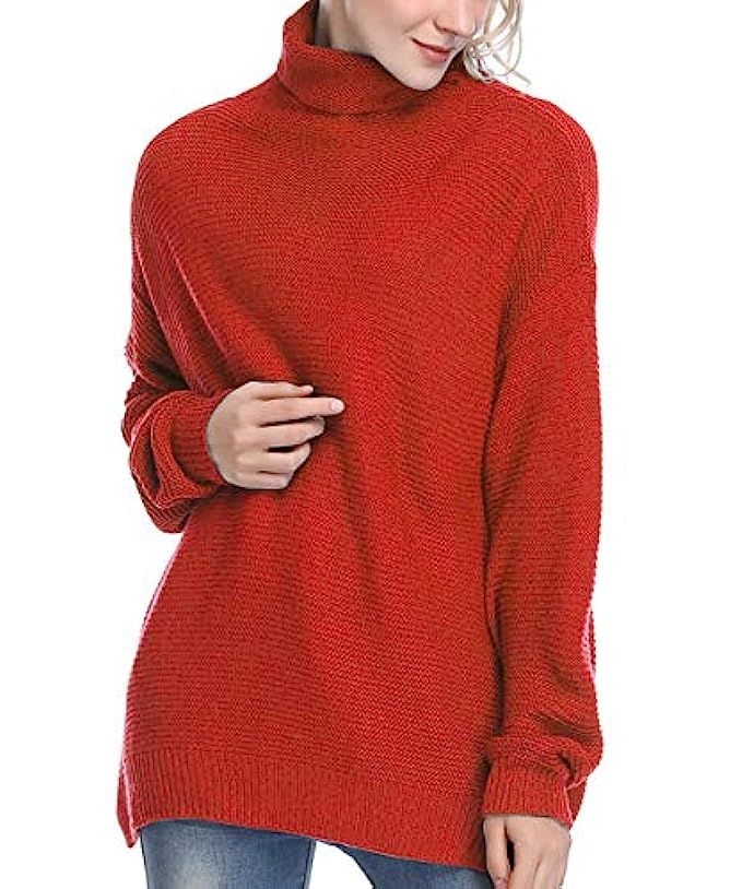 Women's Casual Turtleneck Knit Loose Jumper Long Sleeve Chunky Pullover Side Split Baggy Solid Sweat | Amazon (US)